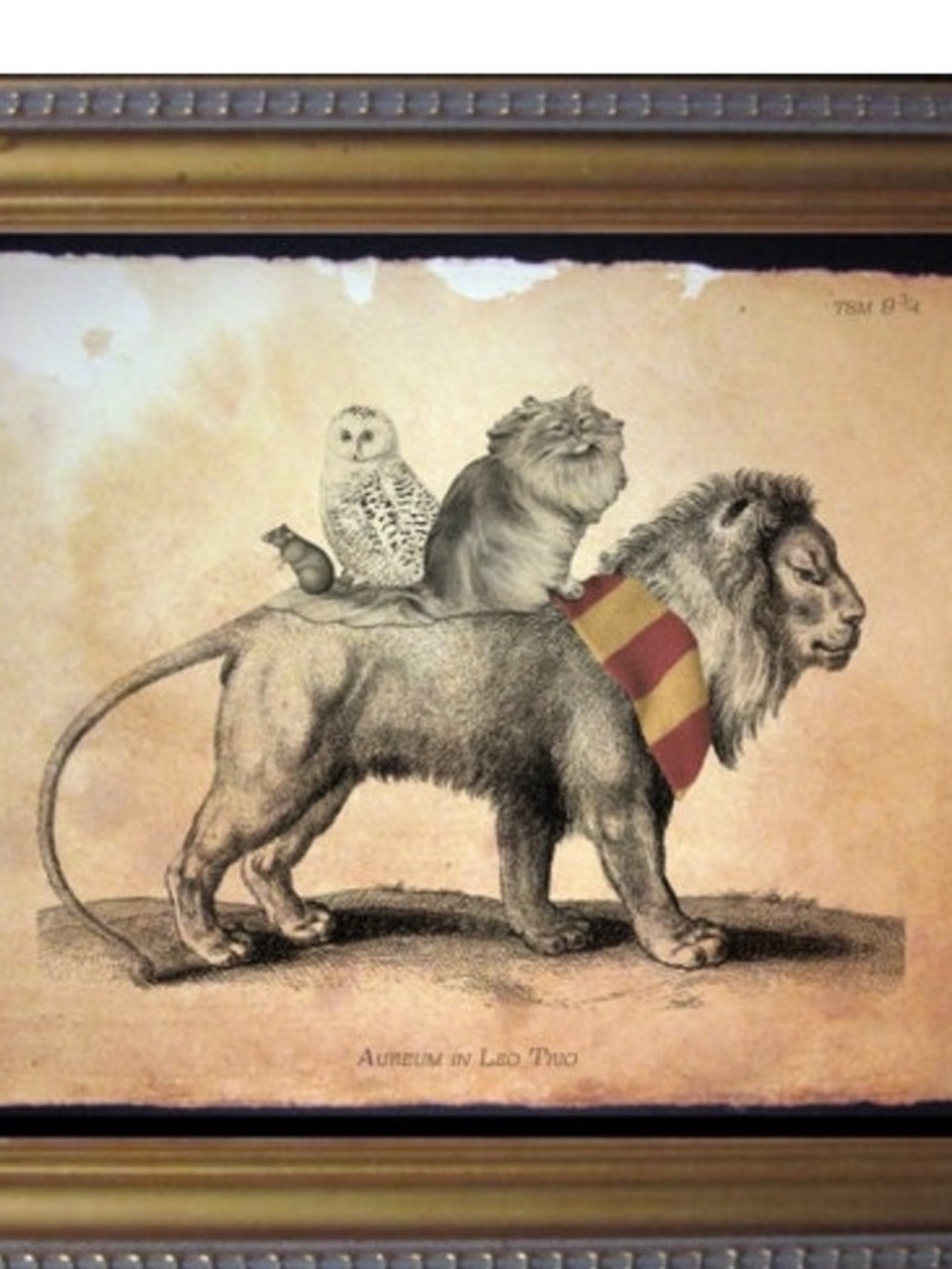 Decorative Pet-Themed Wall Art - Lion with Owl & Cat in Red and Gold Scarf